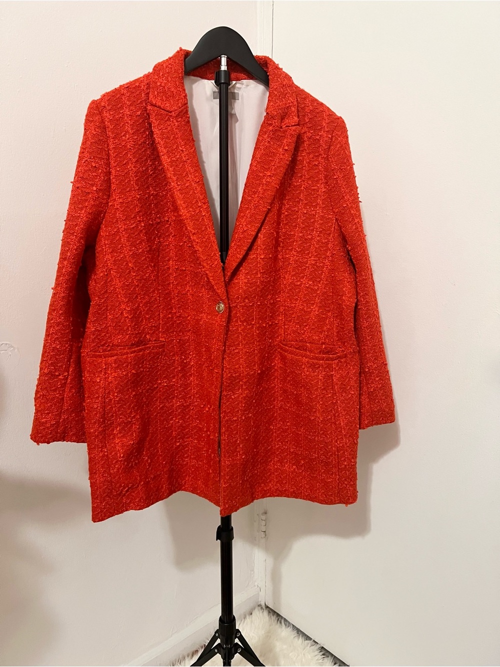 Red-Orange Textured Oversized Blazer Jacket Gold Button Statement Coat